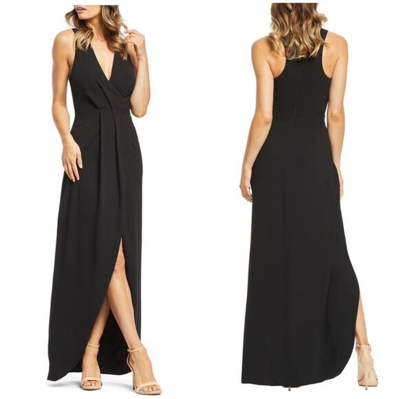 DRESS THE POPULATION Ariel Racerback Faux Wrap Crepe Dress Gown, Black Small NWT - Picture 1 of 16